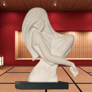 May include: White marble sculpture of a woman with her arms crossed in front of her, standing on a black base.