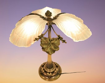 Art Nouveau Bronze and Frosted Glass Desk Lamp, 1950s