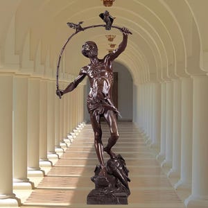 May include: A bronze statue of a man holding a curved rod with birds. The sculpture is set against a backdrop of a colonnade with arched ceilings. The statue is a dark brown color and stands on a stone base.