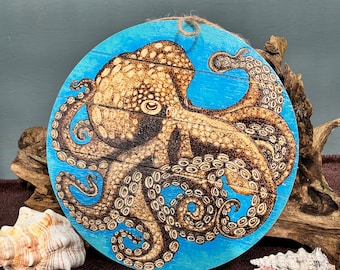 Octopus mixed media display board, wood, pyrography, acrylic
