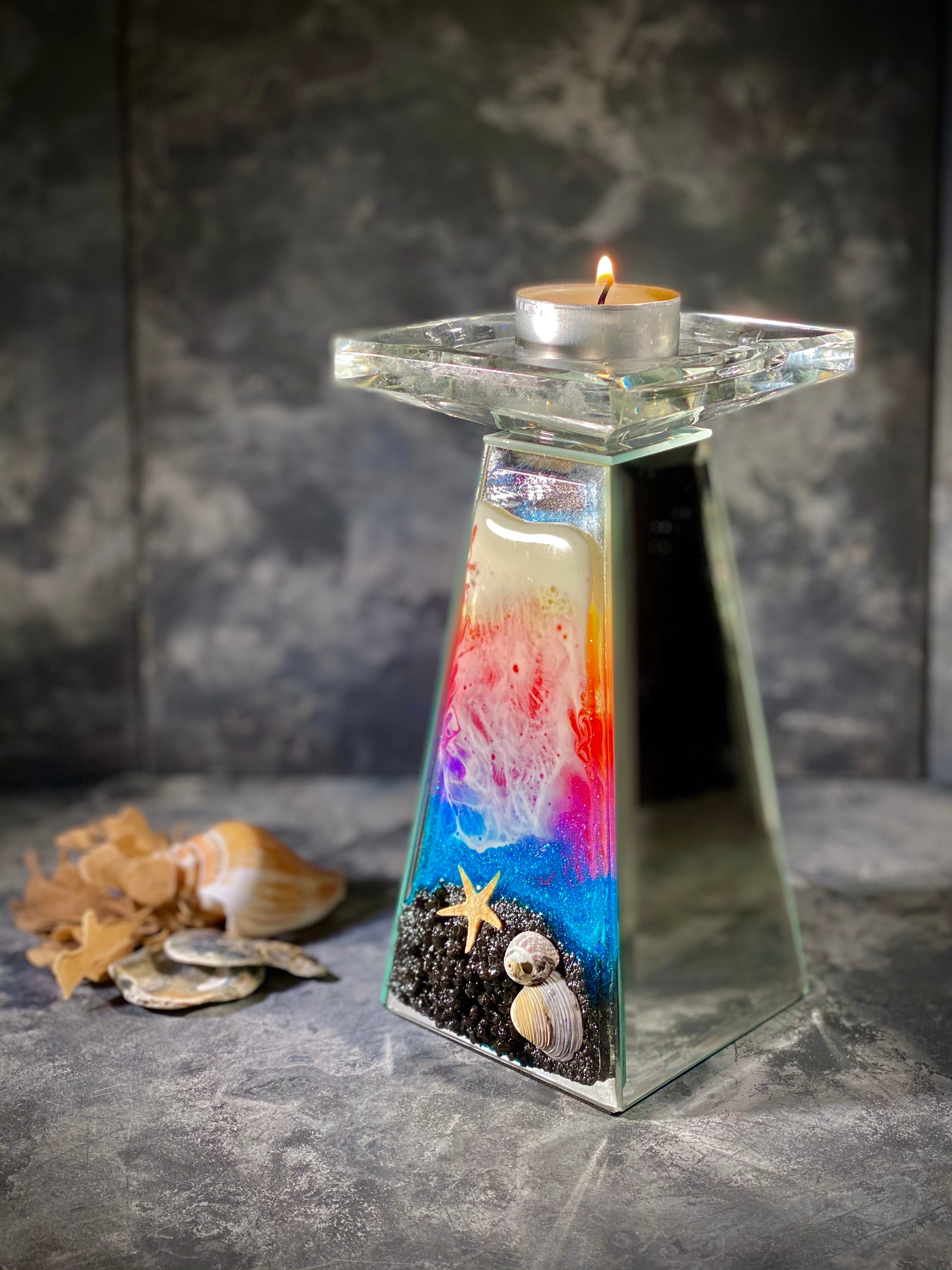 Resin, Candle Holder, Sunset, Waves, Black Sand Beach, Tea Light Holder