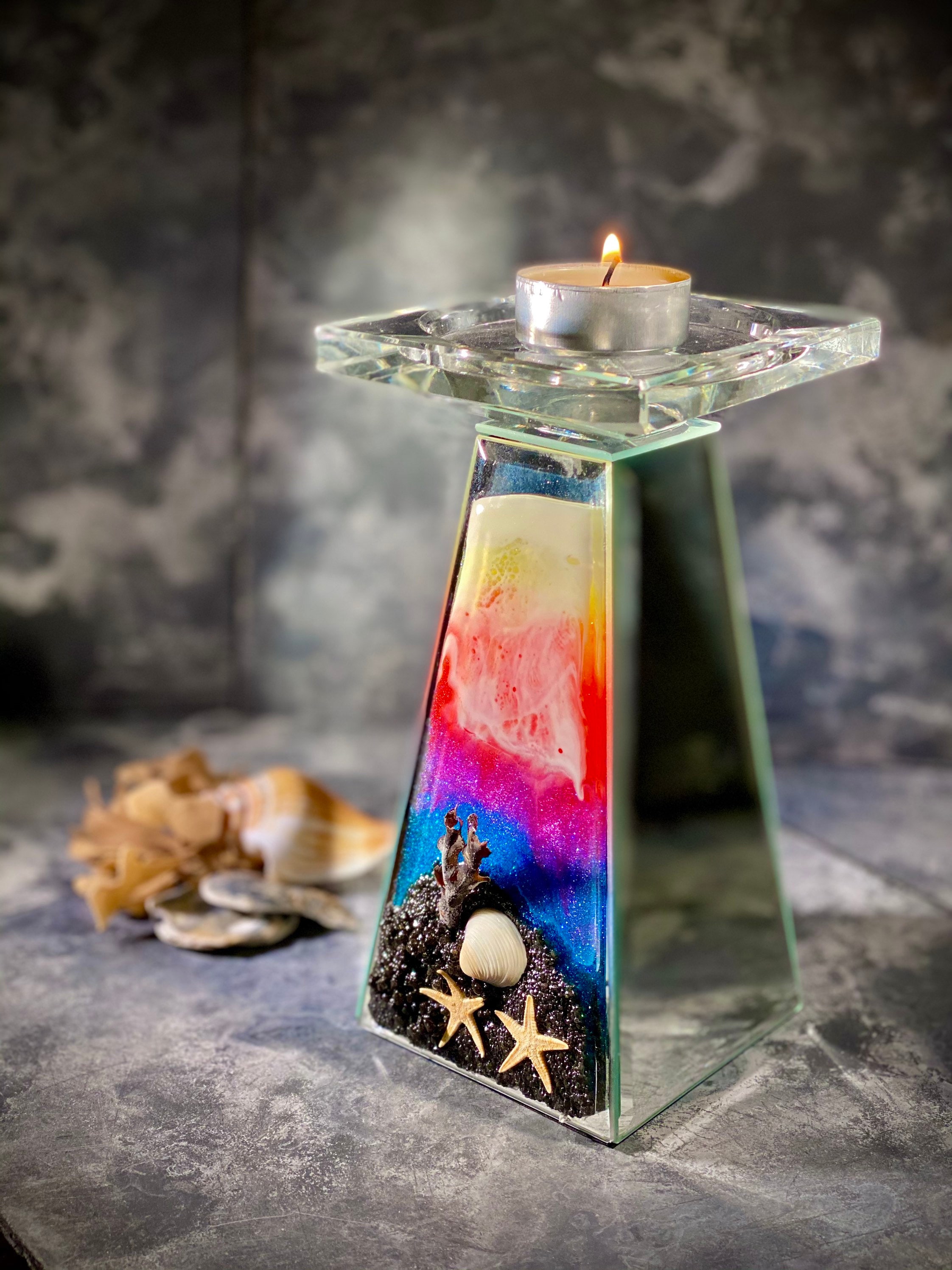 Resin candle holder tea light holder black beach ocean Etsy