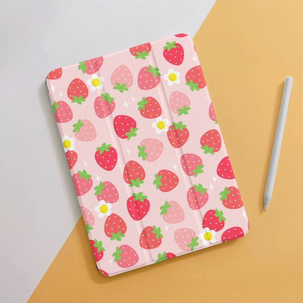 Pink Strawberry Cute Fruit iPad Case For iPad 10 Air 5 4 3 2 1 Pro 12.9 11", 10.5 10.2 9.7" 5 6 7 8 9 Mini 4 5 6, 2022 2021 2020 iPad Cover