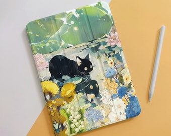 Chats noirs fleurs mignon étui iPad Air pour 10,9 10,5 10,2" iPad 10/9/8/7e, Air 5/4, Pro 12,9/11" pouces, Mini 6/5/4 Case Cover 2022/2021/2020