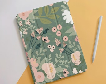 Fleur Vert Feuille Art iPad Coque Pour 10.9" iPad 10 Air 5 4 3 2 1 Pro 12.9 11", 10.5 10.2 9.7" 7 8 9 Mini 4 5 6, 2022 2021 2020 iPad Couverture