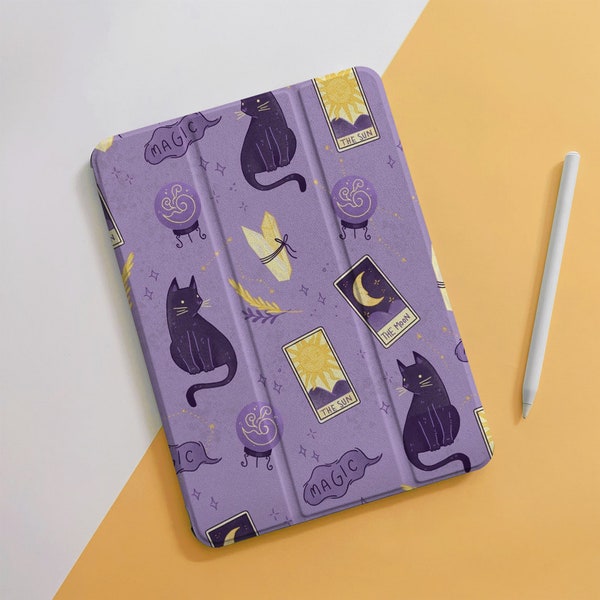 Tarot Cat Magic Purple iPad Air Case With Pencil Holder, 10.9" iPad 10 Air 5/4th,Pro 12.9 11" inch,iPad 9th Generation,Mini 6 5 4 3 2 1 Case