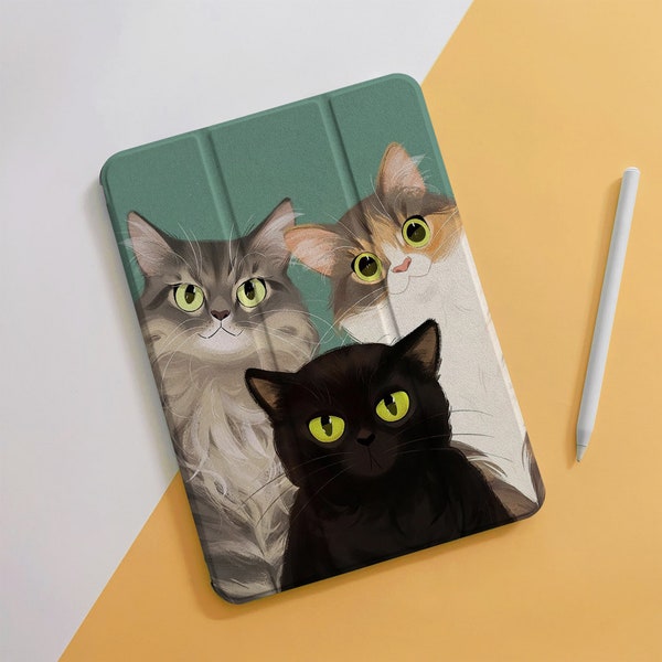 Cute Cats Cartoon Kittens iPad Case For Air 5 4 3 2 1 Pro 12.9" 11", 10.5" 10.2" 9.7" inch 5 6 7 8 9th Mini 4 5 6, 2022 2021 2020 iPad Cover