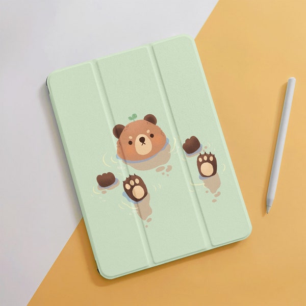 Green Cute Bear Simple iPad Air Case For 10.9 10.5 10.2" iPad 10/9/8/7th Air 5/4, Pro 12.9/11" inch Mini 6/5/4 Case Cover 2022/2021/2020