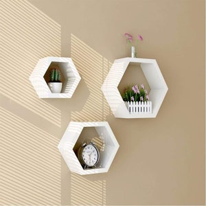 Wooden Hexagonal Wall Shelves for Living Room, Home Decor, Office Decor Set of 3 (MDF, White)