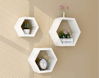 Wooden Hexagonal Wall Shelves for Living Room, Home Decor, Office Decor Set of 3 (MDF, White)