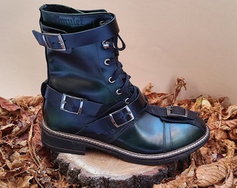Green black leather boots with decoartive belts, Handmade boots, Everyday shoes with ties, Comfortable shoes, Women casual shoes