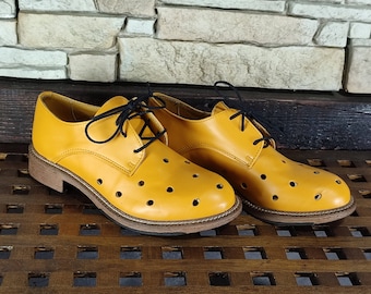 Zapatos amarillos casuales con corbatas, zapatos de mujer Oxford, zapatos únicos, zapatos casuales de cuero, zapatos cómodos, zapatos de cuero para el tobillo,