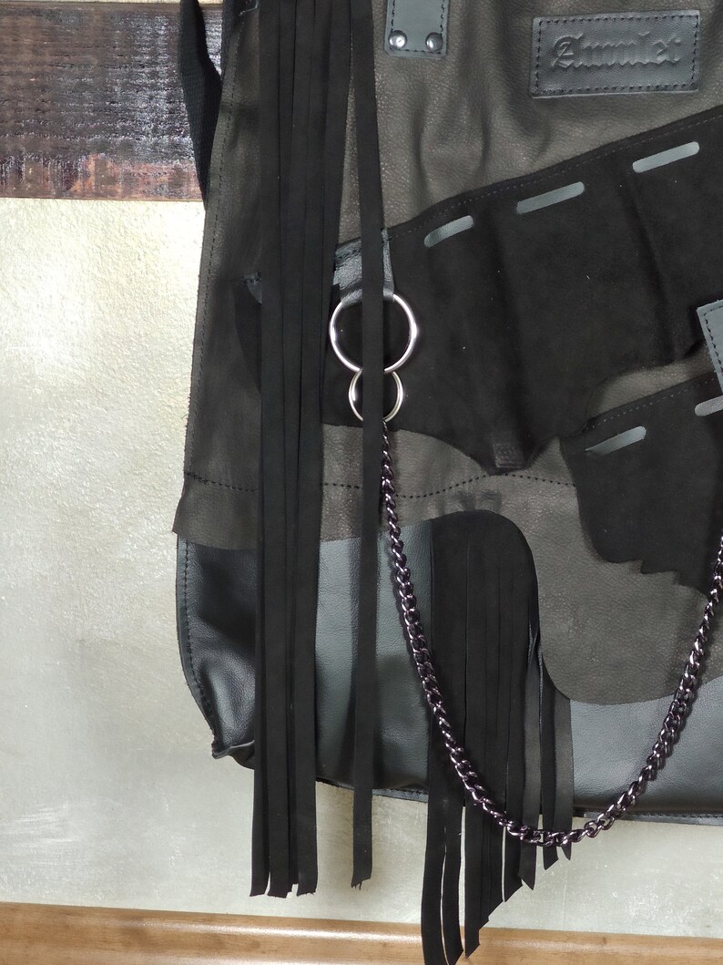 Black leather shoulder bag with fringe and chain, designer black bag, natural leather bag, black leather tote,handmade leather bag for women image 6