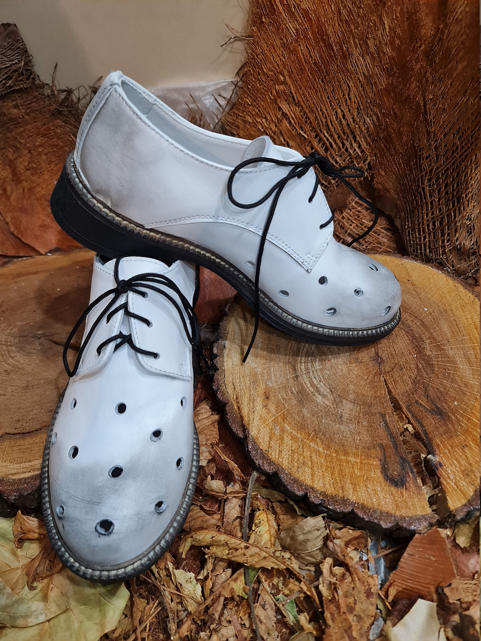 White Casual Shoes With Ties, Oxford Women Shoes, Unique Shoes, Leather — free download