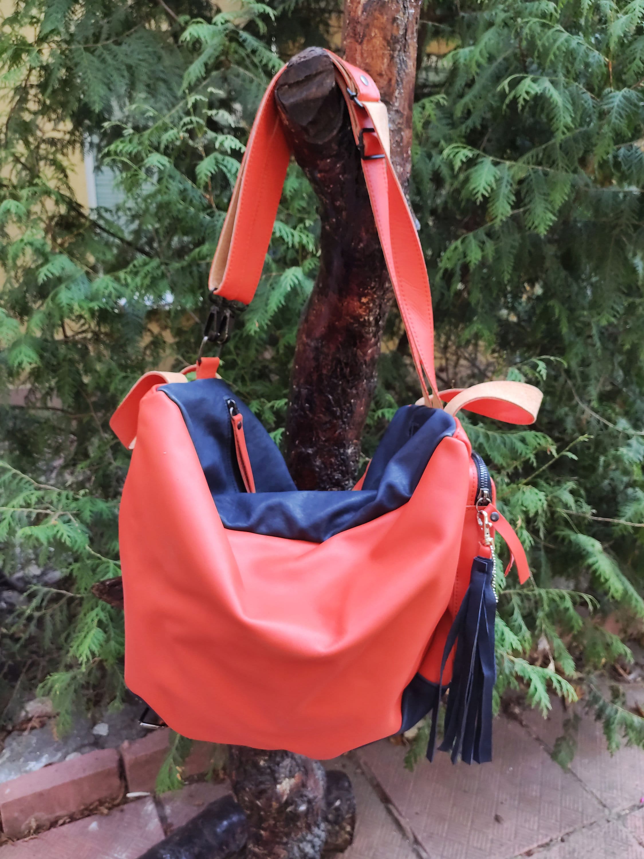 1271 Leather Backpack Purse Orange Quilted Real Soft Leather Convertible Orange Leather Backpack, Designer Leather Bag, Handmade  main image 2