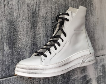 Full Genuine Leather Ankle Sneakers with Ties, Extravagant White Comfortable Walking , All Season Fashion Sneakers