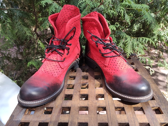 Red Leather Boots Autumn Comfortable Everyday Shoes Red Shoes for Women Suede Boots Handmade Boots Etsy
