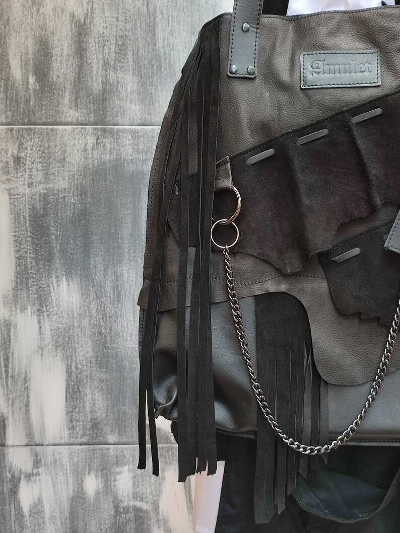 Black leather shoulder bag with fringe and chain, designer black bag, natural leather bag, black leather tote,handmade leather bag for women image 2