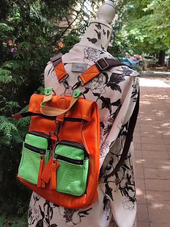 Orange and Brown Leather Backpack leather backpack unisex brown and saffron - Urbain Light  main image 3