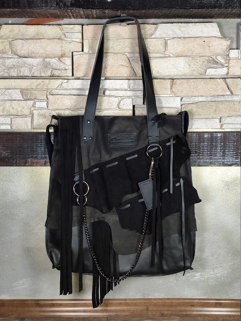 Black leather shoulder bag with fringe and chain, designer black bag, natural leather bag, black leather tote,handmade leather bag for women image 5