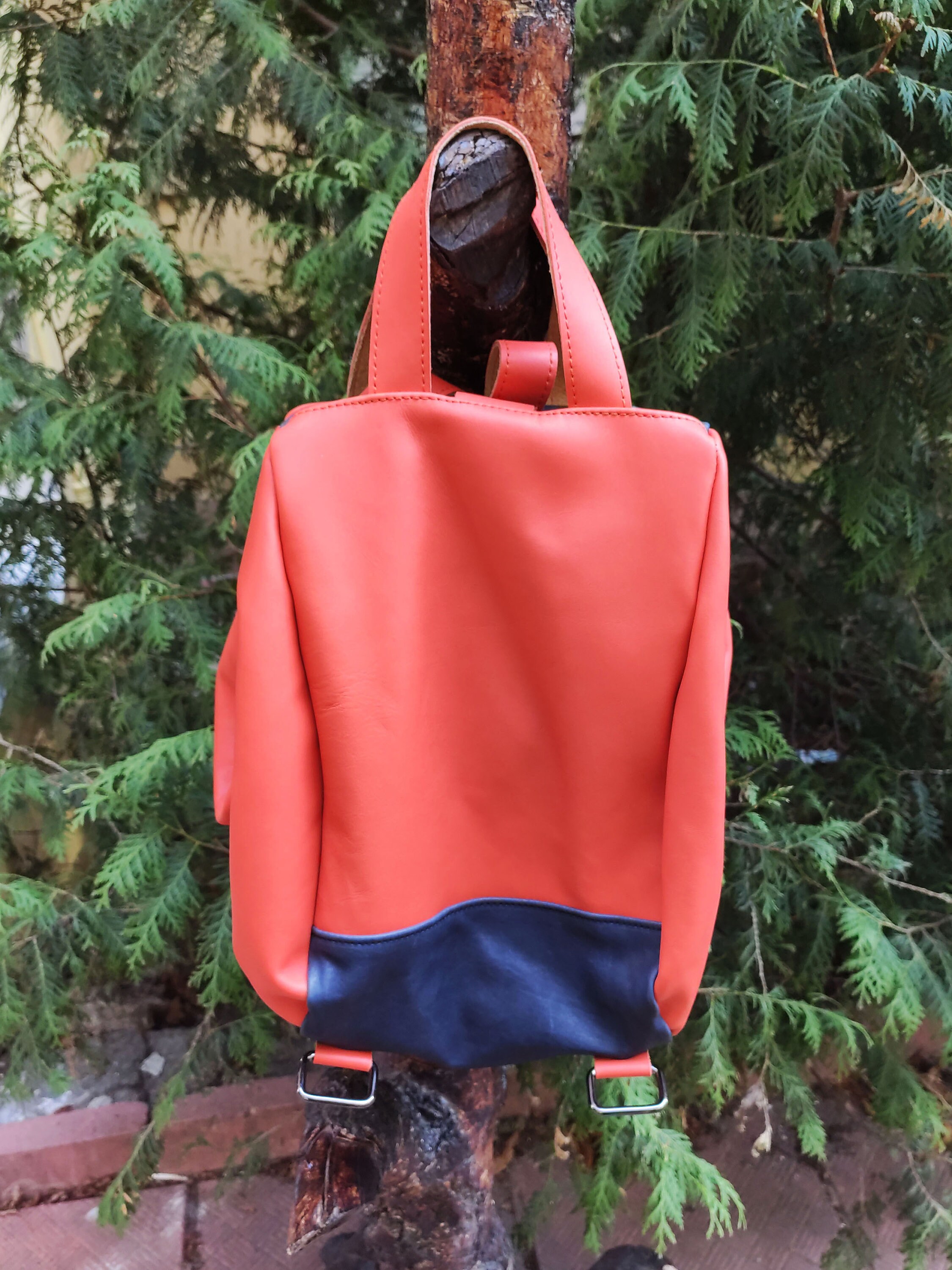 Orange Leather Backpack, Designer Leather Bag, Handmade  display picture 1