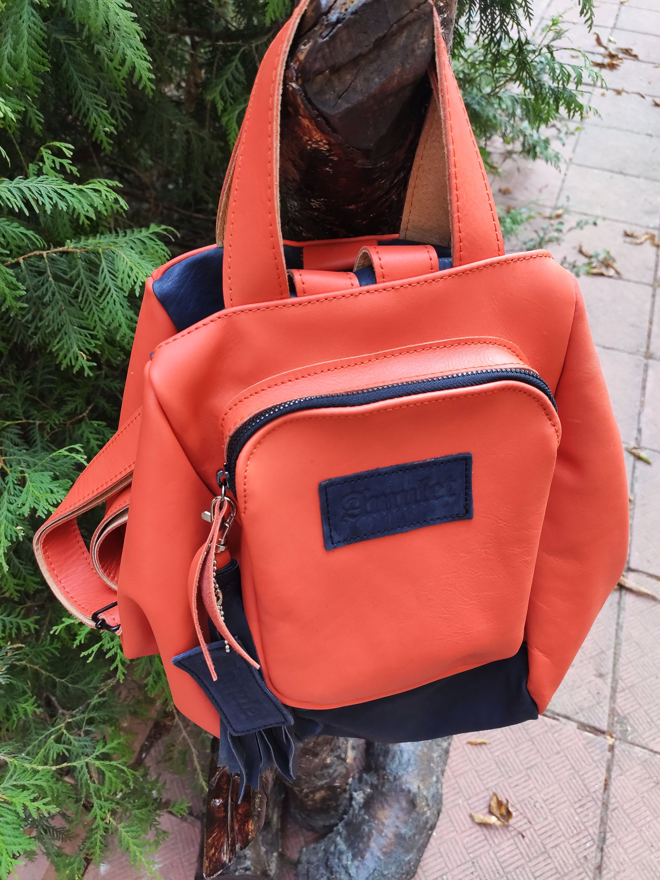 Orange Leather Backpack, Designer Leather Bag, Handmade  display picture 2