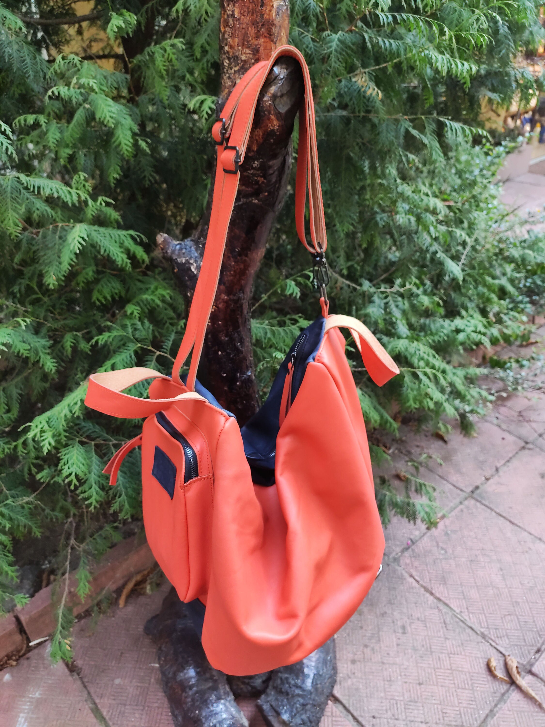 Orange Leather Backpack, Designer Leather Bag, Handmade  display picture 1