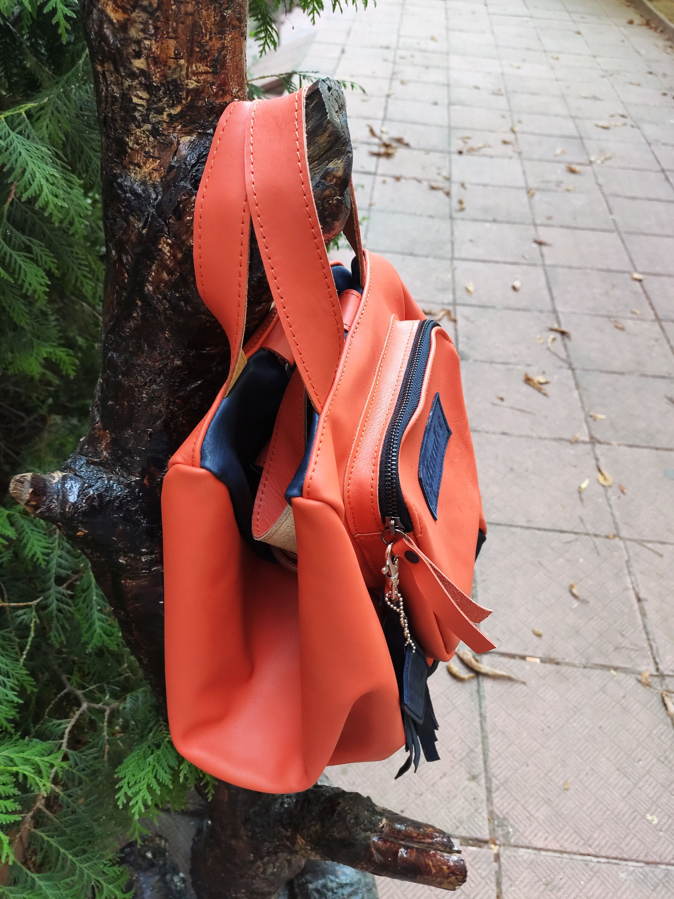 1271 Leather Backpack Purse Orange Quilted Real Soft Leather Convertible Orange Leather Backpack, Designer Leather Bag, Handmade  main image 4
