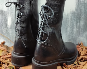 Black leather boots, Vintage black shoes, Winter boots women, Sexy shoes, Handmade boots women, Leather combat boots women