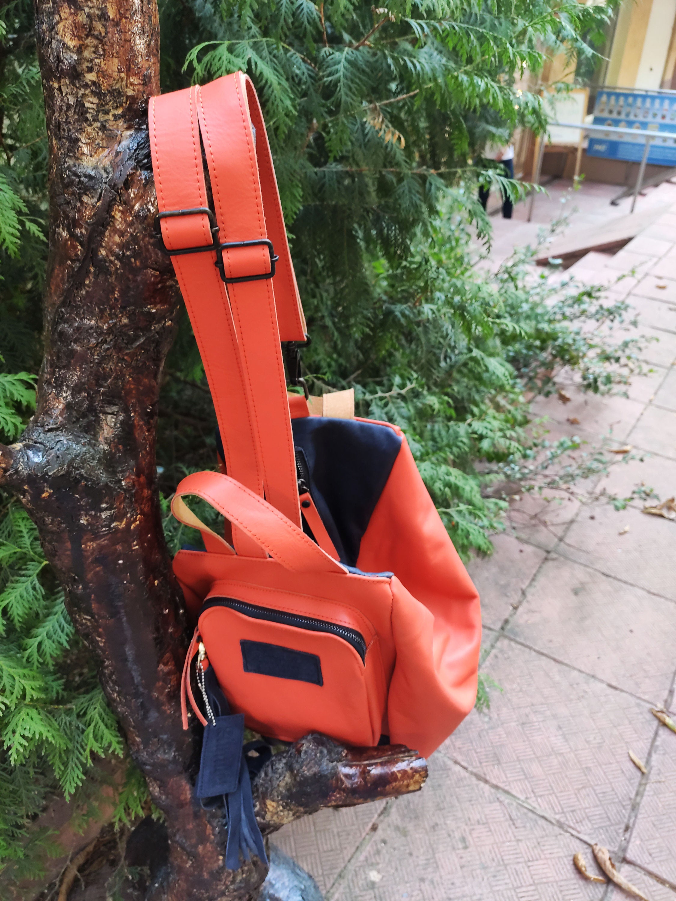 Orange Leather Backpack, Designer Leather Bag, Handmade 