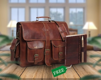 Free Journal | Handmade Full Grain Brown Leather Laptop Crossbody Shoulder Messenger Office Briefcase | Gift For Him And Her