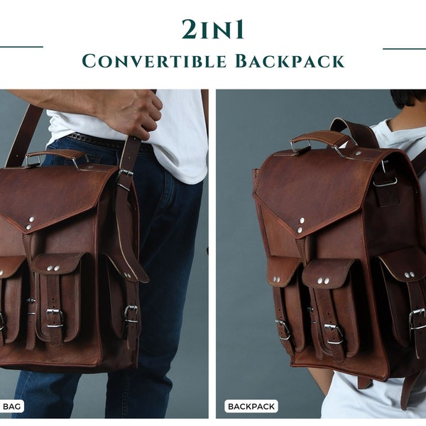 2 in 1 Convertible Leather Laptop Messenger Backpack | Vintage Brown Leather Laptop Backpack | Leather Laptop Messenger Bag For Men & Women
