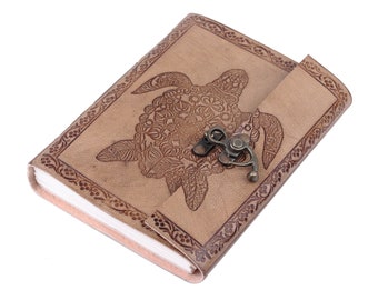 Turtle Design Vintage Embossed Leather Journal- Coptic Bound with Lock Closure 8Hx6W Inch (2 pcs)