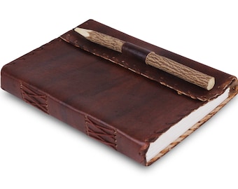 Personalized Vintage Genuine Leather Journal With Pen - With Leather Stitched Edges ( 8Hx6W Inches)