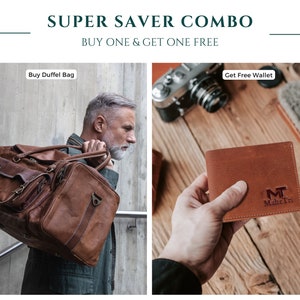 Full Grain Leather Overnight Weekender Travel Duffel Bag + Free Leather Wallet | Super Saver Combo Deal | Buy One And Get One Free Mens Gif