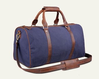 Premium Canvas Leather Duffel Bag, Canvas Travel Duffel Bag, Blue Canvas Duffel Bag, Valentine's Day Gift For Him & Her