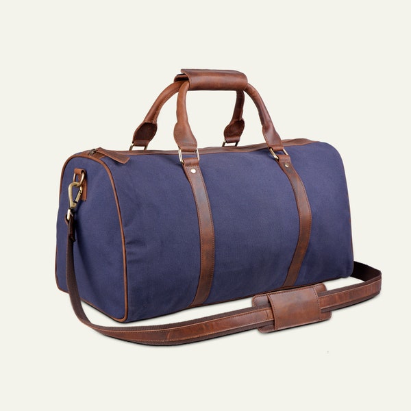 Premium Canvas Leather Duffel Bag, Canvas Travel Duffel Bag, Blue Canvas Duffel Bag, Cadeau de la Saint-Valentin pour lui et elle