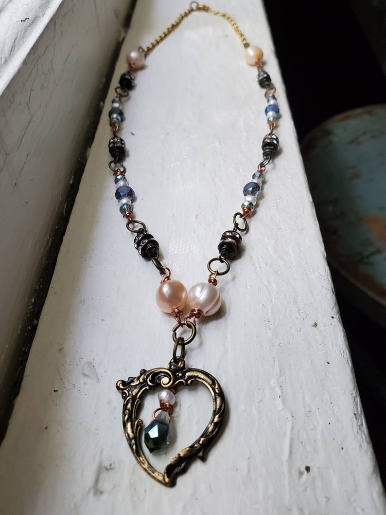 Heart Necklace with Pearls and Blue Czech Glass