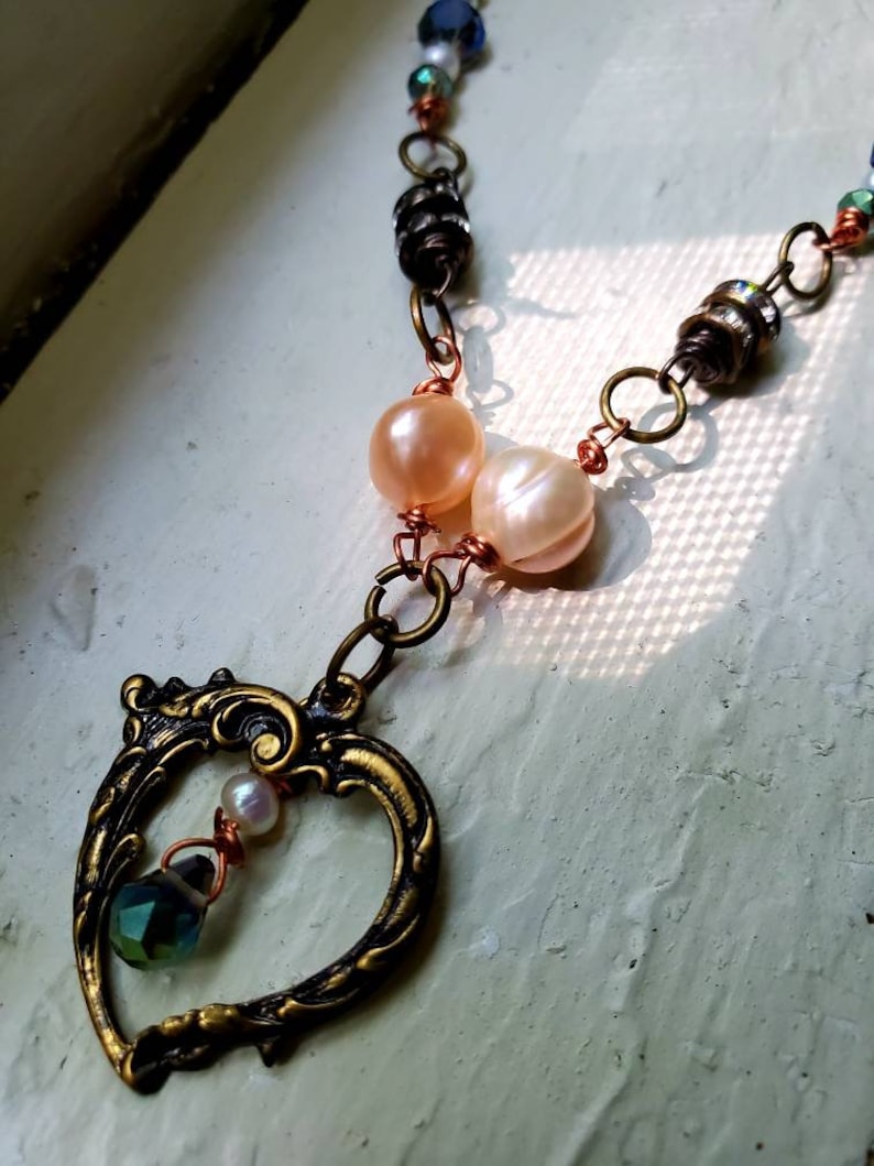 Heart Necklace with Pearls and Blue Czech Glass