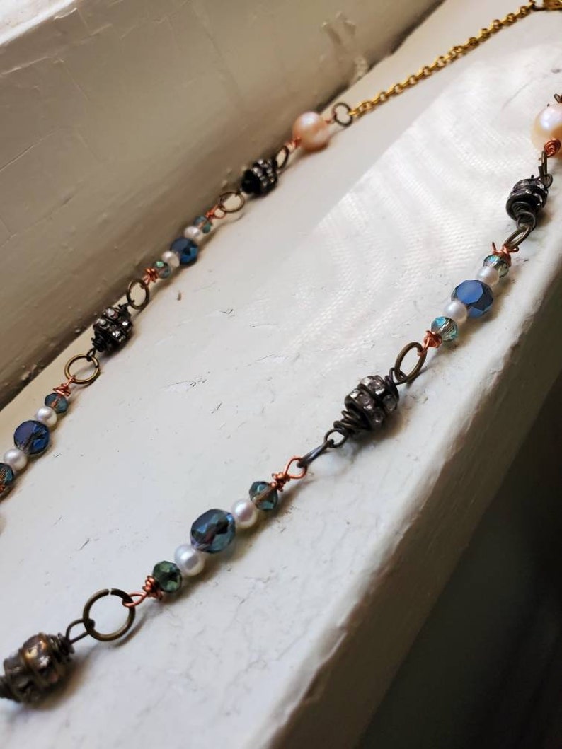 Heart Necklace with Pearls and Blue Czech Glass