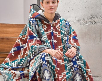 Alpaca Poncho with Native Patterns Artisan Unisex boho hooded  Christmas gift