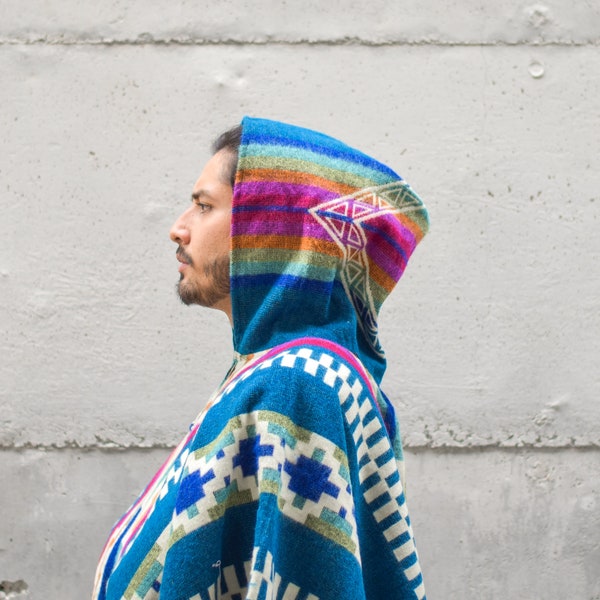 Poncho en laine d'alpaga avec motif natif, poncho à capuche natif fait à la main, cadeau de Noël