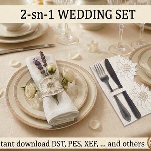 Puede incluir: Una mesa de boda con platos color crema, cubiertos y copas de vino. Una servilleta blanca está decorada con lavanda y rosas, sujeta por un anillo decorativo. El texto "2-sn-1 WEDDING SET" está en la parte superior.