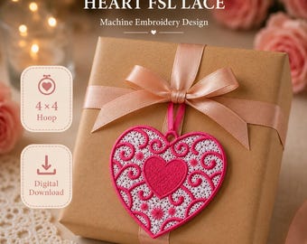 Adorno de encaje FSL en forma de corazón / Diseño para bordado a máquina / Encaje independiente / Aro de 4x4 pulgadas / Descarga digital