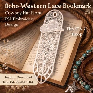 Boho Western Lace Bookmark Embroidery Design, Cowboy Hat FSL Pattern, Embroidered Book Lover Gift
