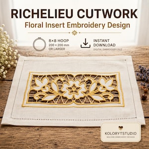 Könnte beinhalten: Ein Richelieu-Cutwork-Blumenstickmuster mit einem rechteckigen Design mit gelben Nähten auf hellem Stoff. Der Text umfasst RICHELIEU CUTWORK, Floral Insert Embroidery Design, 8x8 HOOP 200x200 mm OR LARGER, INSTANT DOWNLOAD und KOLORYTSTUDIO.