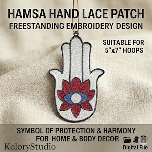 Blommig Hamsa Handbroderidesign FSL, Onda ögat-lapp, Skyddssymbol, 5x7 Ring
