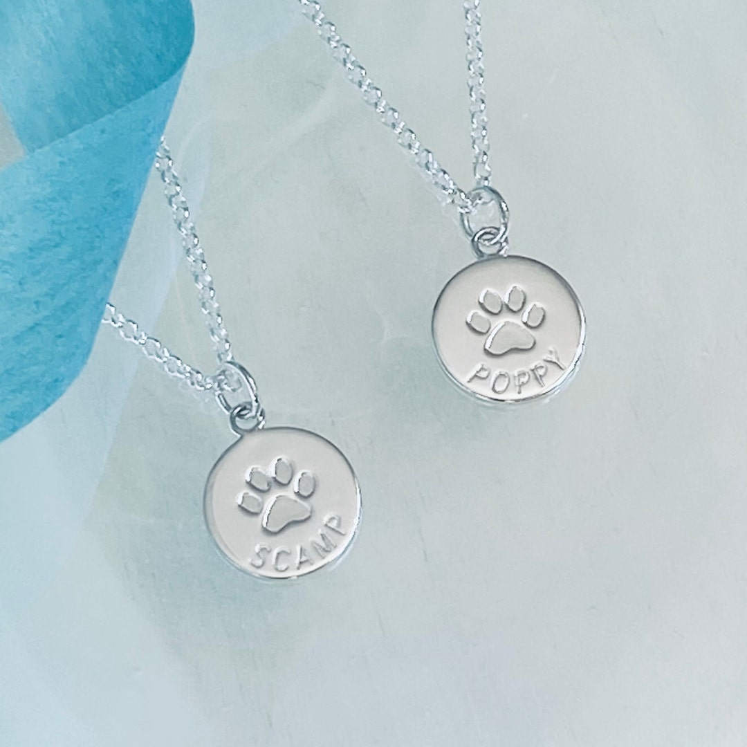 Dog Paw Print and Name Personalised Sterling Silver Necklace, Pet Paw ...