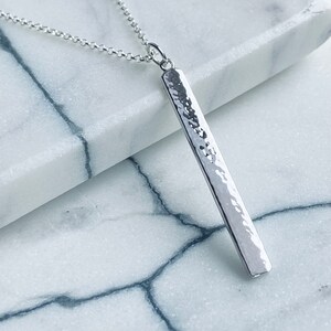 Hammered Bar Necklace Sterling Silver, Textured Long Vertical Bar Pendant