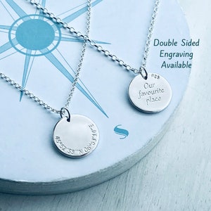 Coordinates Disc Double Sided Personalised Sterling Silver Necklace, Engraved Long Lat Pendant
